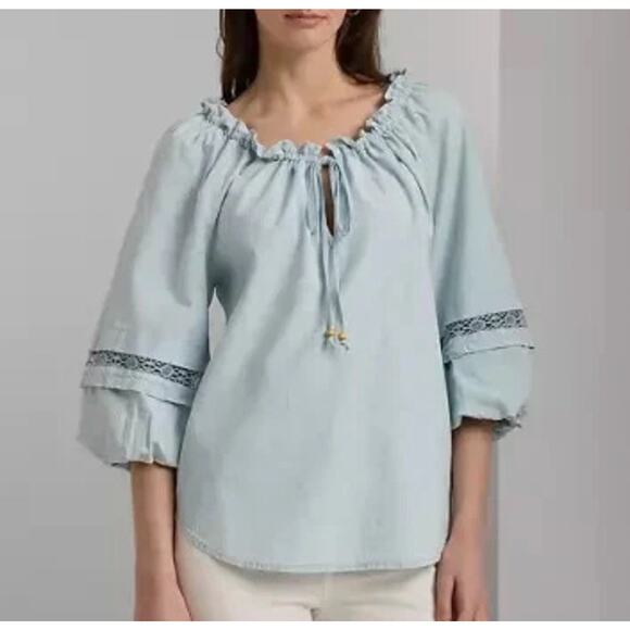 Lauren Ralph Lauren Black Label Cotton Chambray Lace Trim Boho Blouse Size XXL - Picture 1 of 13
